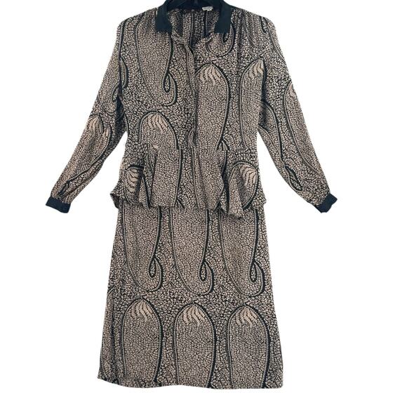Vtg Saint Romei Womens Dress Silk Sz 10 Peplum 1980s Black Tan - Picture 1 of 14